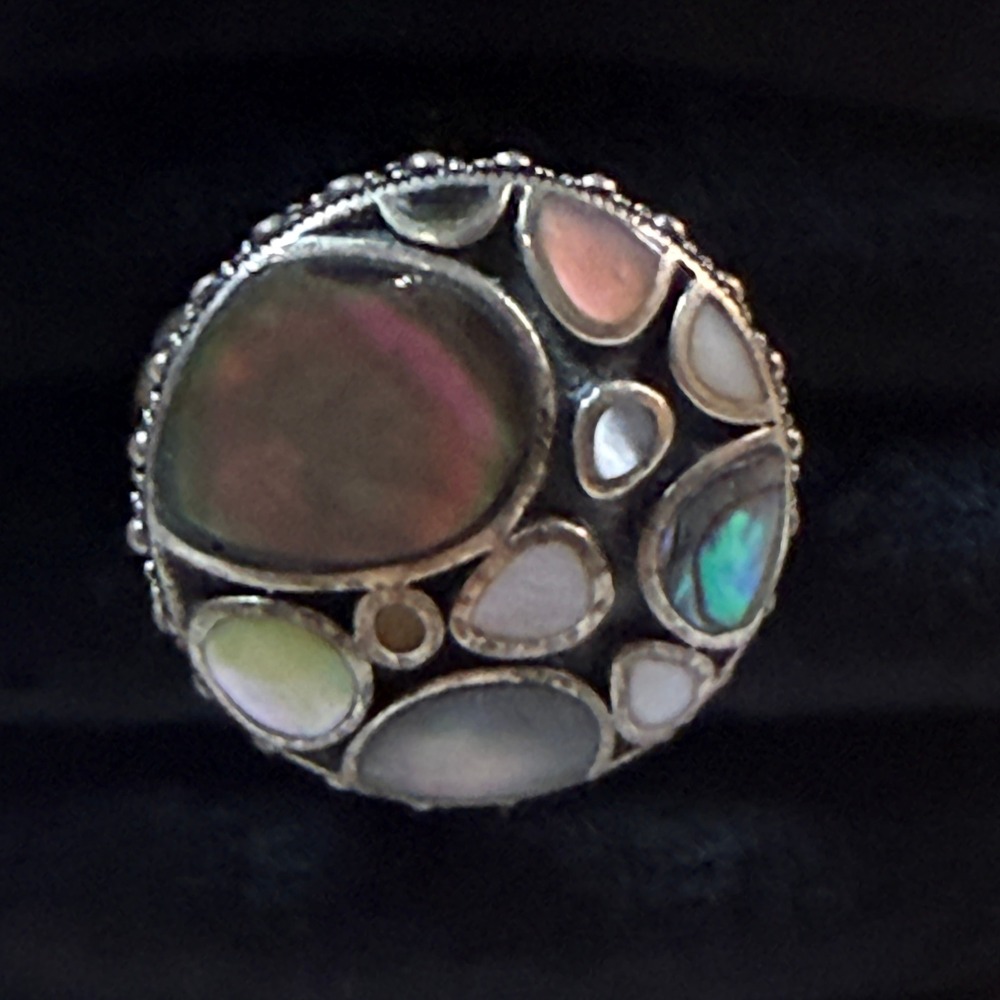 925 Sterling Silver Thai Mosaic Shell Inlay Dome Ring 6.5 Abalone Mother Pearl